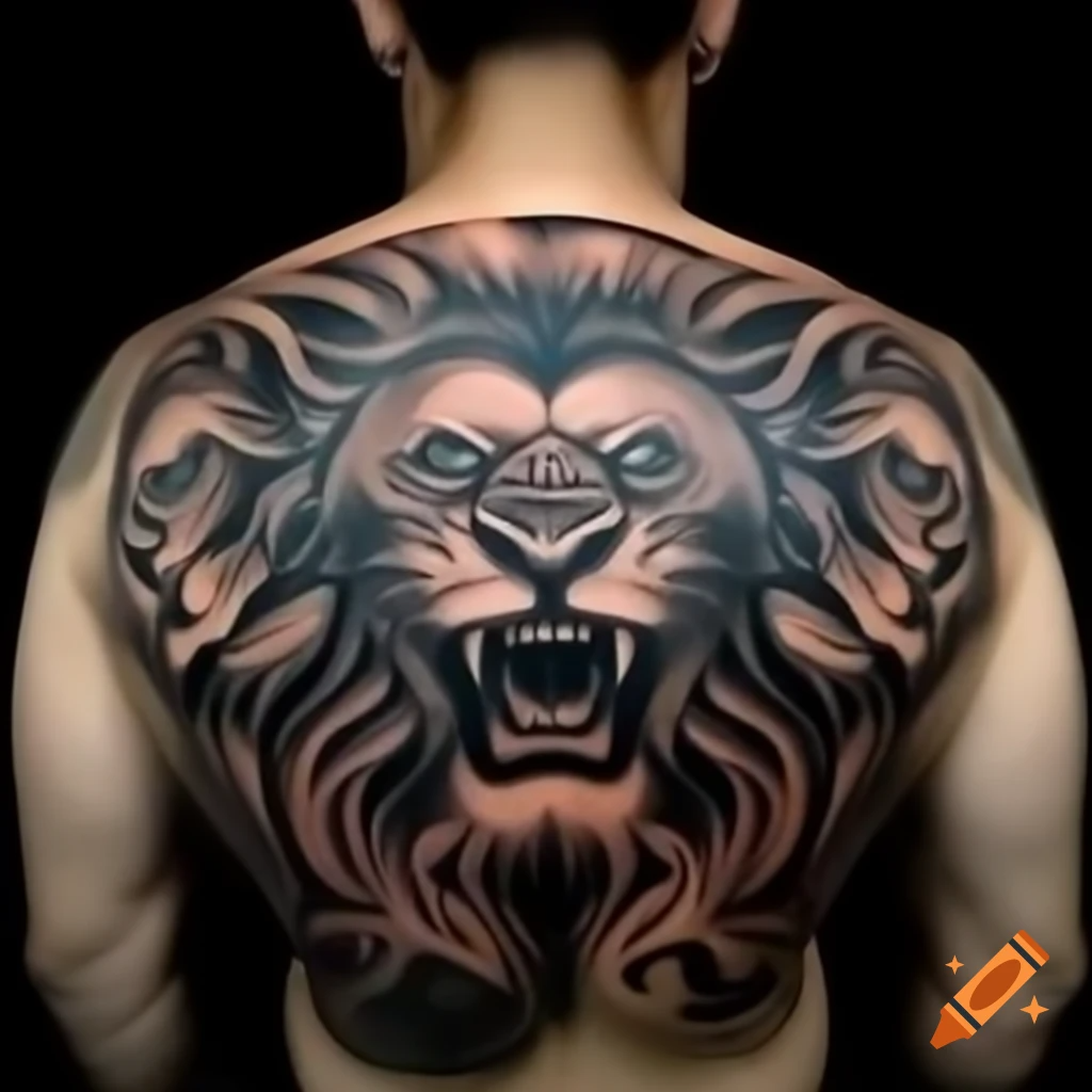 craiyon_101727_A_fierce_full_back_symbolic_lion_tattoo_with__God_is_the_greatest__written_in_Taiwane
