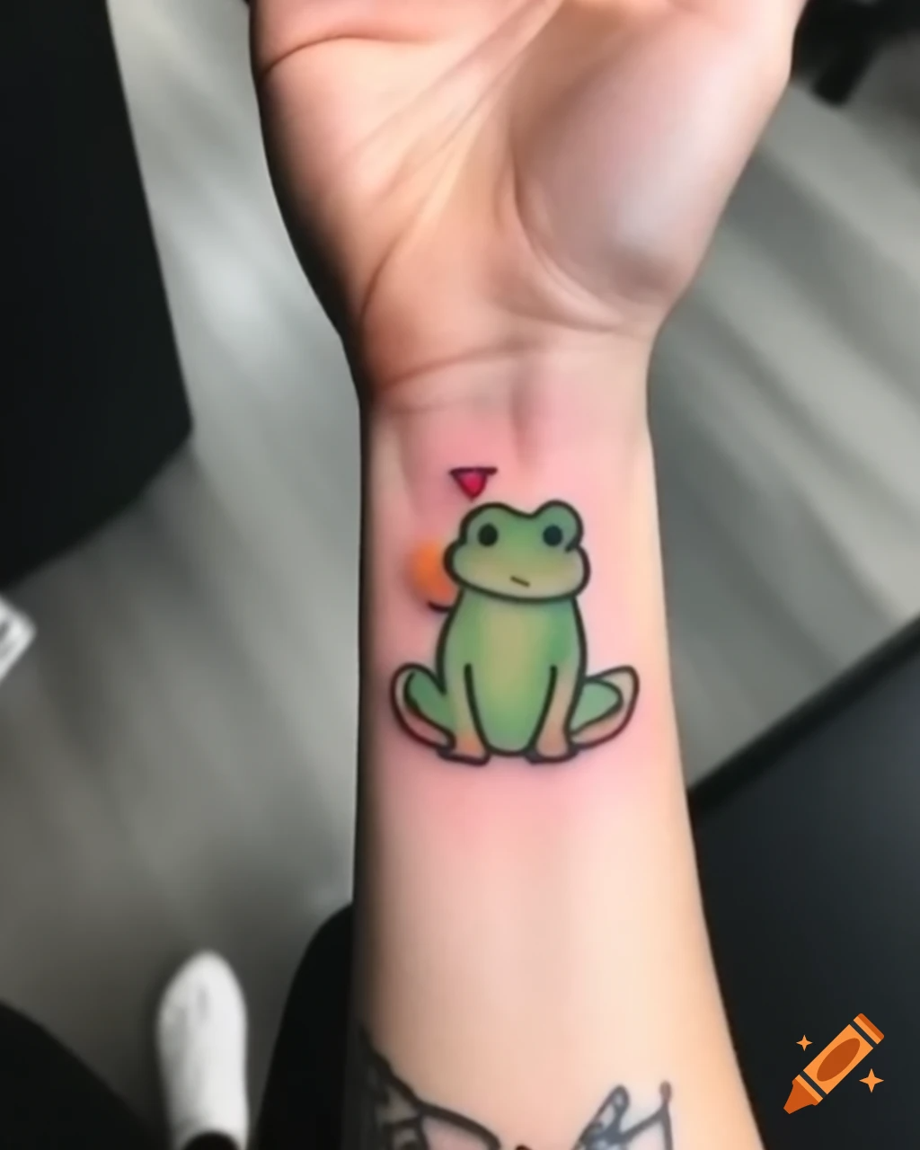 craiyon_101857_An_arm_with_a_tattoo_of_a_kawaii_frog_holding_a_heart__raw_tattoo_photography
