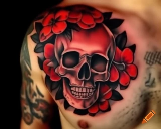 craiyon_135237_red_and_black_tattoo_of_a_skull_with_flowers
